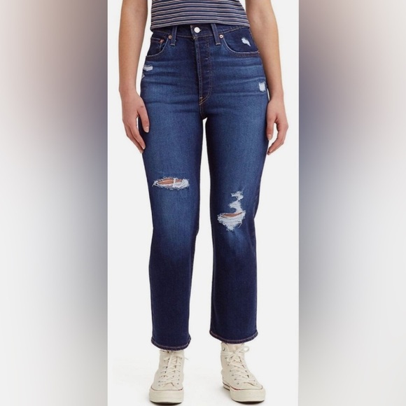 Levi's Ribcage Straight Ankle Jeans Distressed Dark Wash High Rise Button Fly 30 - Picture 3 of 9